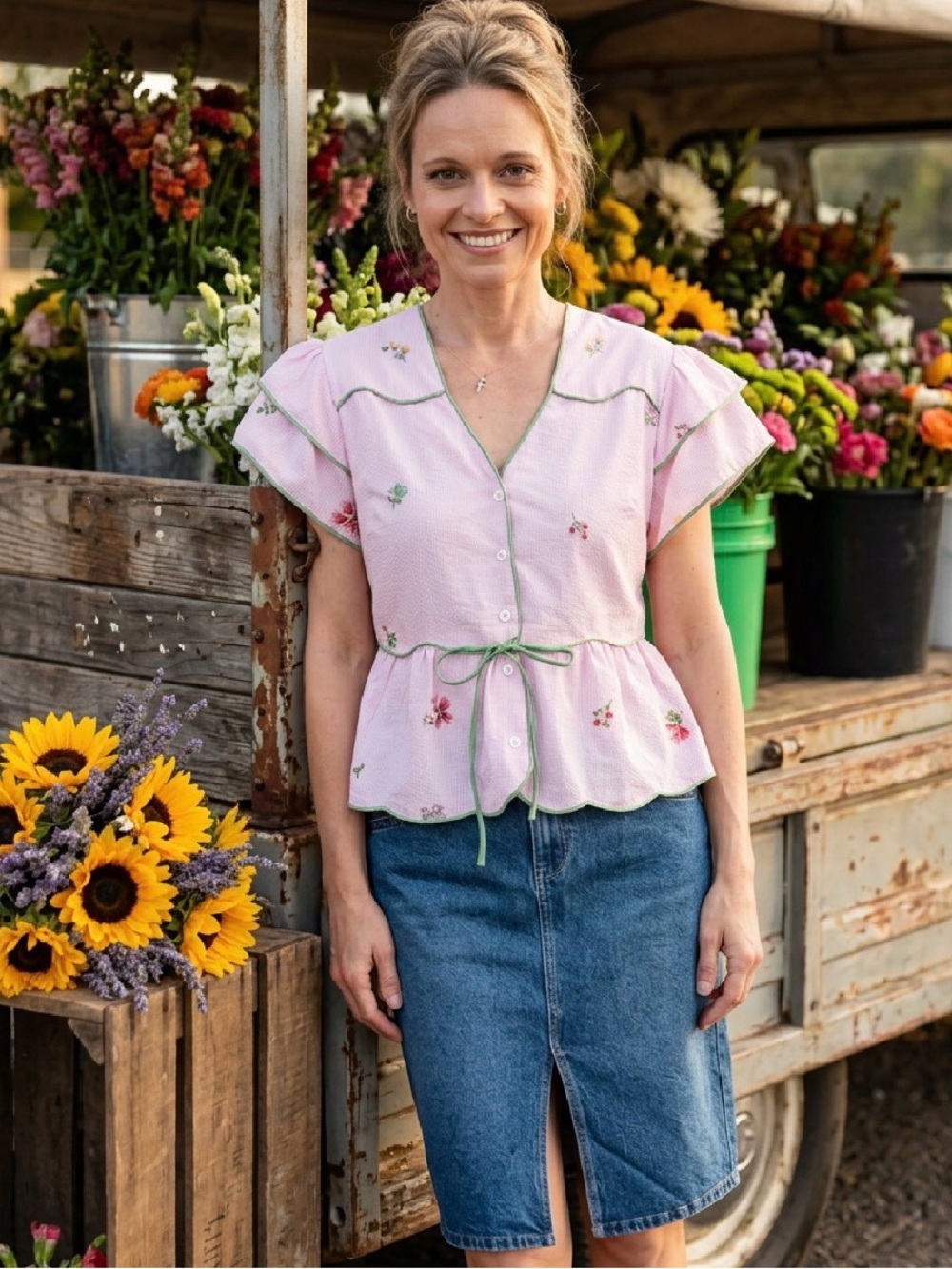 Light Pink Floral Tie-Waist Peplum Blouse - Women